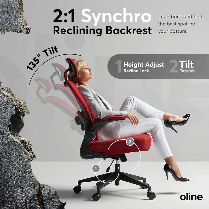 Oline ErgoAir Ergonomic Office Chair – Adjustable Lumbar Support, Flip-Up Armrests, Mesh Computer Desk Chair, Swivel Rolling Executive Gaming Chair for Home & Office (Red) - Image 5